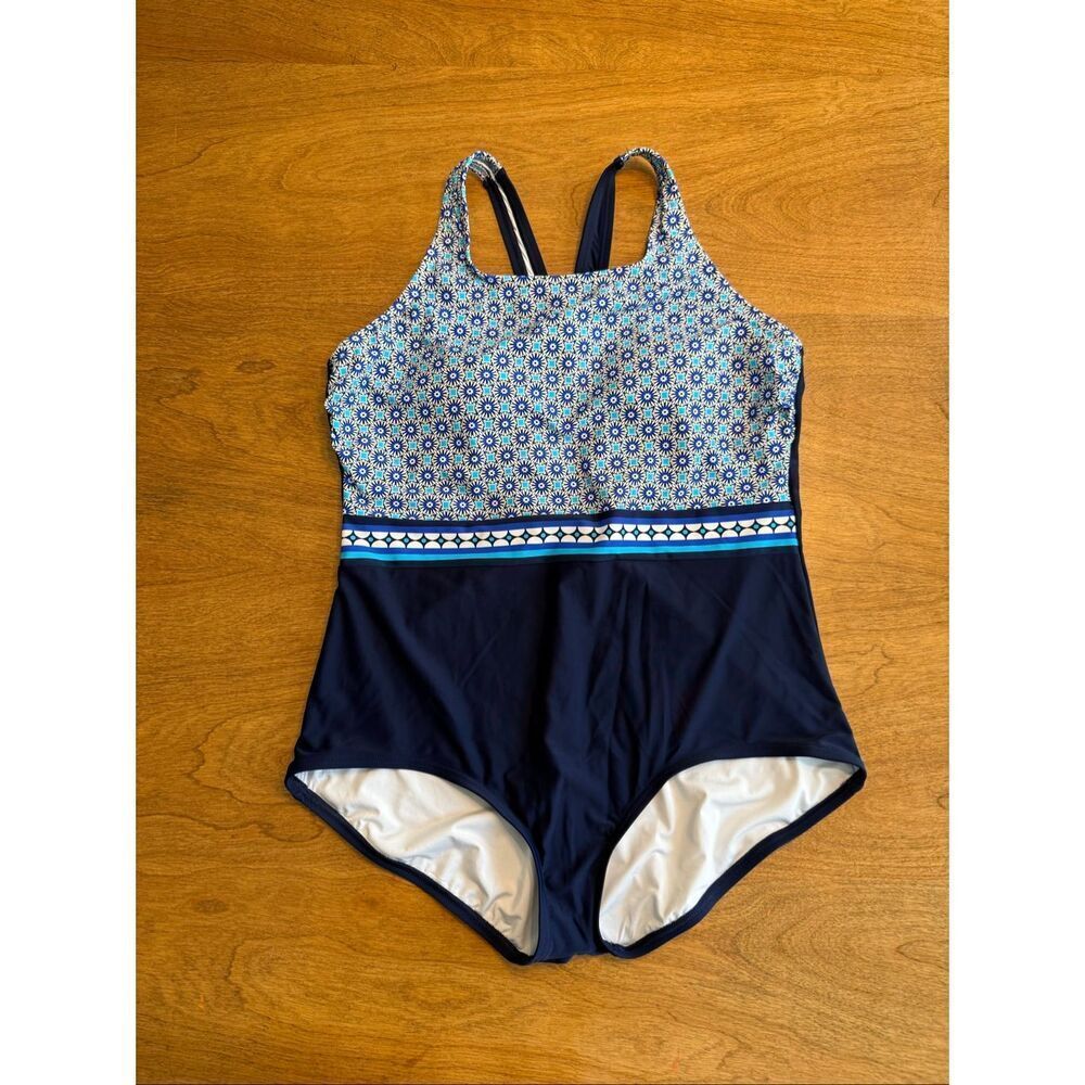 NWT Lands' End Womens Floral Geo Border Print Tugless One Piece Swimsuit Blue XL